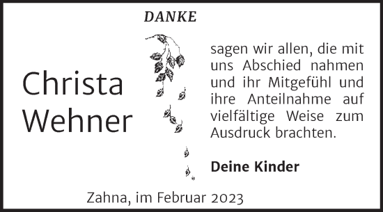 Traueranzeige von Christa Wehner von Trauerkombi Wittenberg