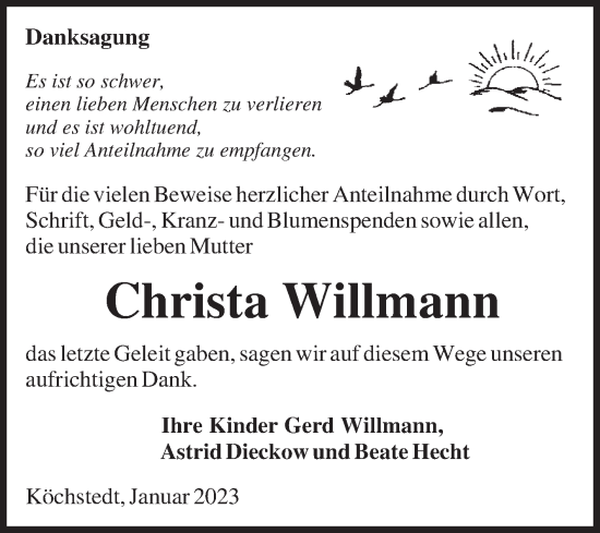 Traueranzeige von Christa Willmann von Mitteldeutsche Zeitung Halle/Saalkreis
