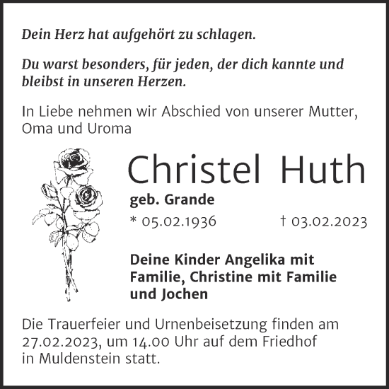 Traueranzeige von Christel Huth von Trauerkombi Bitterfeld