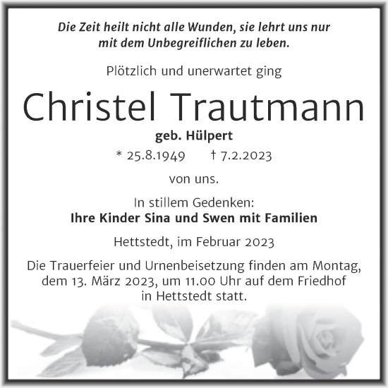 Traueranzeige von Christel Trautmann von Trauerkombi Mansfelder Land