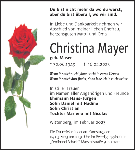 Traueranzeige von Christina Mayer von Trauerkombi Wittenberg