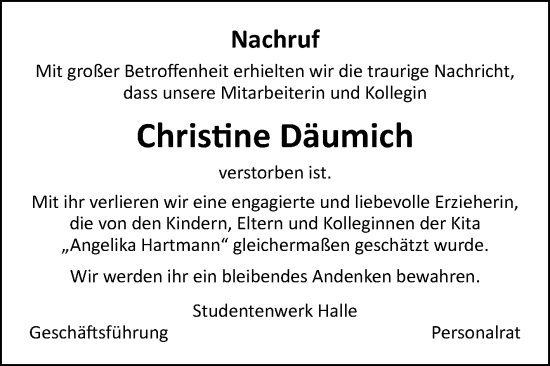 Traueranzeige von Christine Däumich von Mitteldeutsche Zeitung Köthen