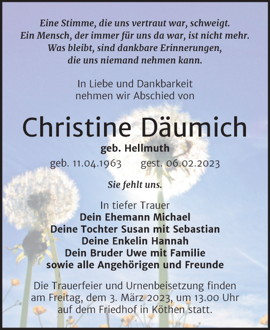 Traueranzeige von Christine Däumich von Trauerkombi Köthen