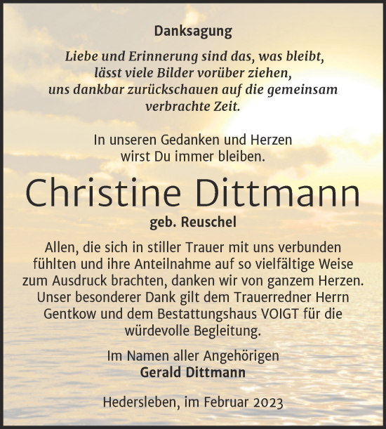 Traueranzeige von Christine Dittmann von Trauerkombi Mansfelder Land