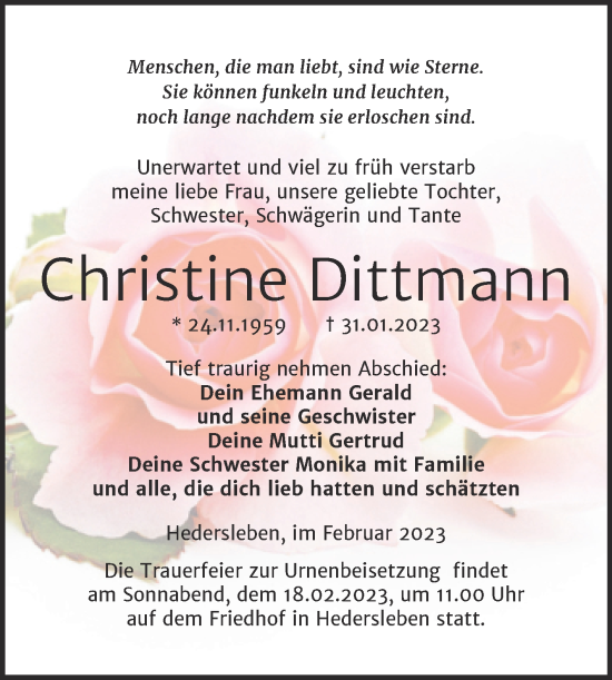 Traueranzeige von Christine Dittmann von Trauerkombi Mansfelder Land