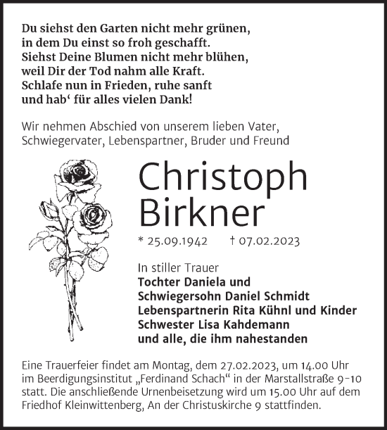 Traueranzeige von Christoph Birkner von Trauerkombi Wittenberg