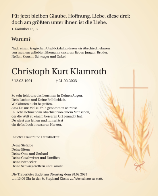 Traueranzeige von Christoph Kurt Klamroth von Mitteldeutsche Zeitung Quedlingburg