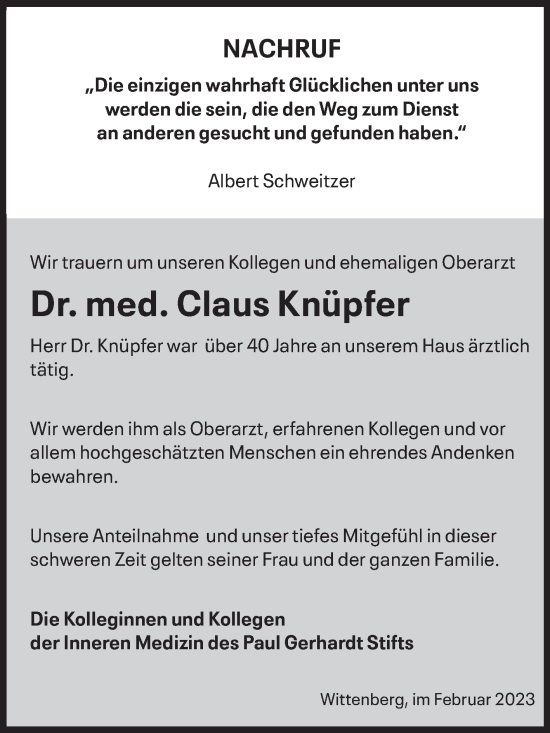 Traueranzeige von Claus Knüpfer von Mitteldeutsche Zeitung