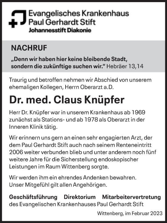 Traueranzeige von Claus Knüpfer von Mitteldeutsche Zeitung