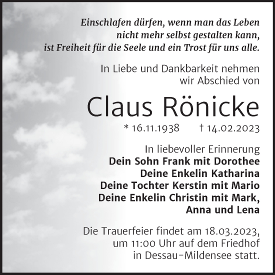 Traueranzeige von Claus Rönicke von Trauerkombi Dessau