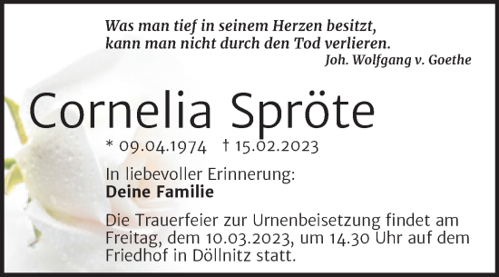 Traueranzeige von Cornelia Spröte von Trauerkombi Merseburg