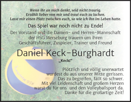 Traueranzeige von Daniel Keck-Burghardt von Trauerkombi Merseburg