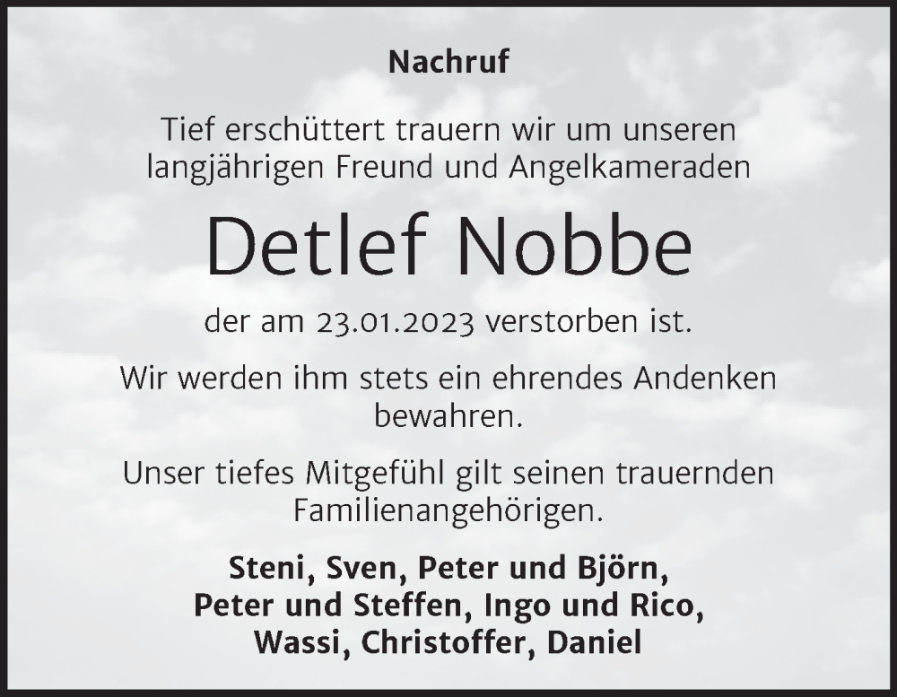  Traueranzeige für Detlef Nobbe vom 04.02.2023 aus Trauerkombi Quedlinburg