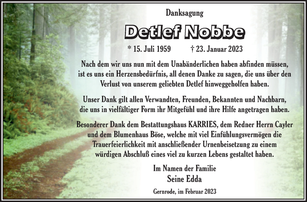  Traueranzeige für Detlef Nobbe vom 25.02.2023 aus Trauerkombi Quedlinburg