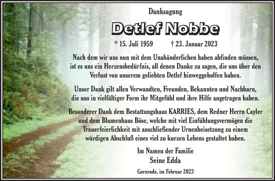 Traueranzeige von Detlef Nobbe von Trauerkombi Quedlinburg