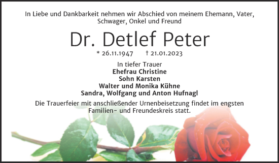 Traueranzeige von Detlef Peter von Trauerkombi Bernburg