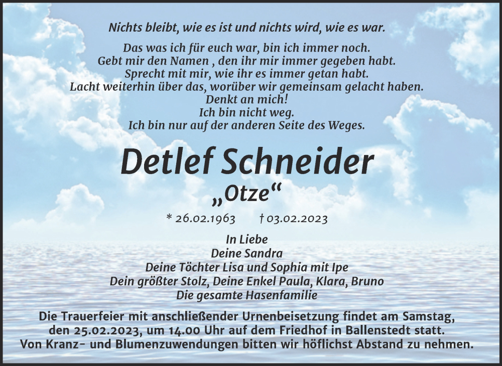  Traueranzeige für Detlef Schneider vom 17.02.2023 aus Trauerkombi Quedlinburg