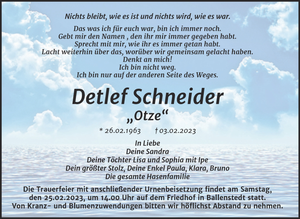  Traueranzeige für Detlef Schneider vom 18.02.2023 aus Trauerkombi Quedlinburg