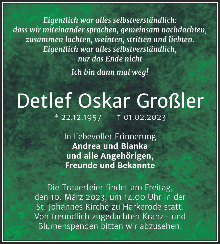  Traueranzeige für Detlef Oskar Großle vom 08.02.2023 aus Trauerkombi Mansfelder Land