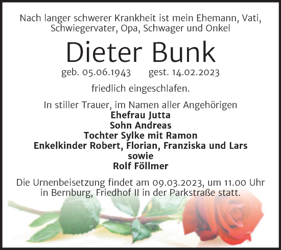 Traueranzeige von Dieter Bunk von Trauerkombi Bernburg