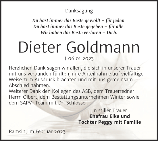 Traueranzeige von Dieter Goldmann von Trauerkombi Bitterfeld