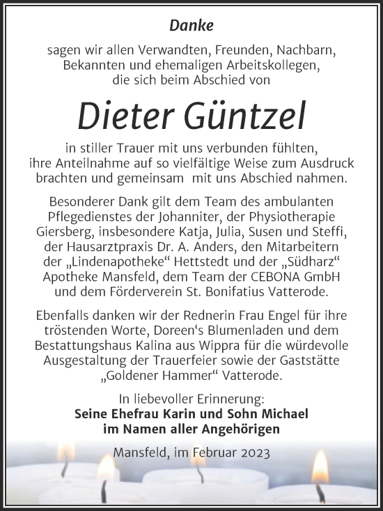 Traueranzeige von Dieter Güntzel von Trauerkombi Mansfelder Land