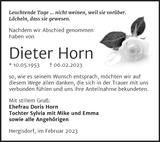 Traueranzeige von Dieter Horn von Trauerkombi Mansfelder Land