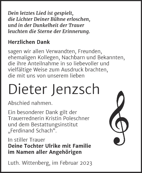 Traueranzeige von Dieter Jenzsch von Trauerkombi Wittenberg