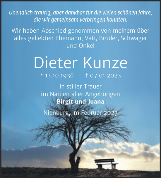 Traueranzeige von Dieter Kunze von Trauerkombi Bernburg