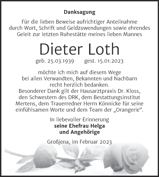 Traueranzeige von Dieter Loth von Naumburger Tageblatt