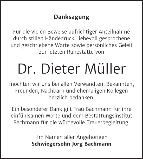 Traueranzeige von Dieter Müller von Trauerkombi Dessau