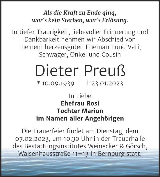 Traueranzeige von Dieter Preuß von Trauerkombi Bernburg