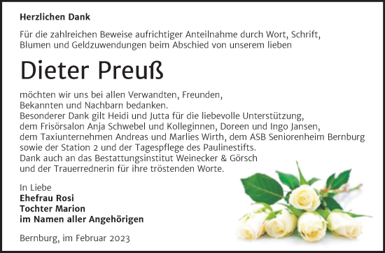 Traueranzeige von Dieter Preuß von Trauerkombi Bernburg