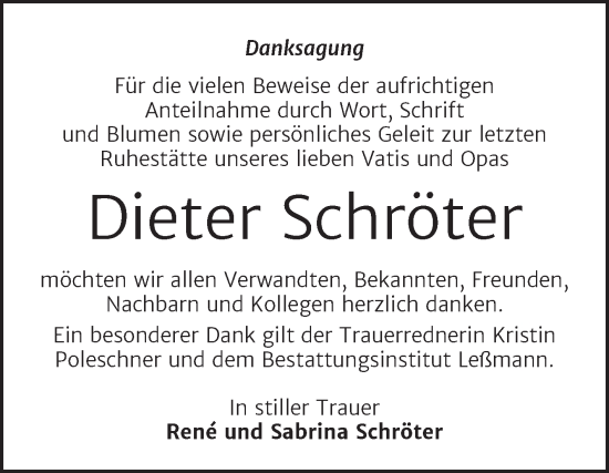 Traueranzeige von Dieter Schröter von Trauerkombi Wittenberg