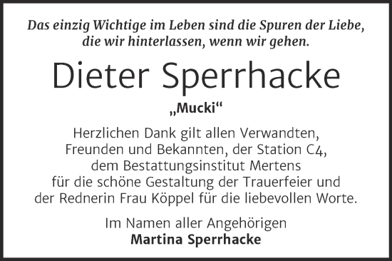 Traueranzeige von Dieter Sperrhacke von Wochenspiegel Naumburg/Nebra