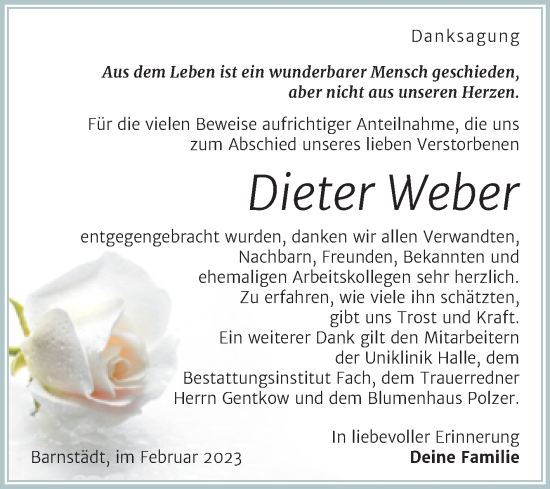 Traueranzeige von Dieter Weber von Trauerkombi Merseburg