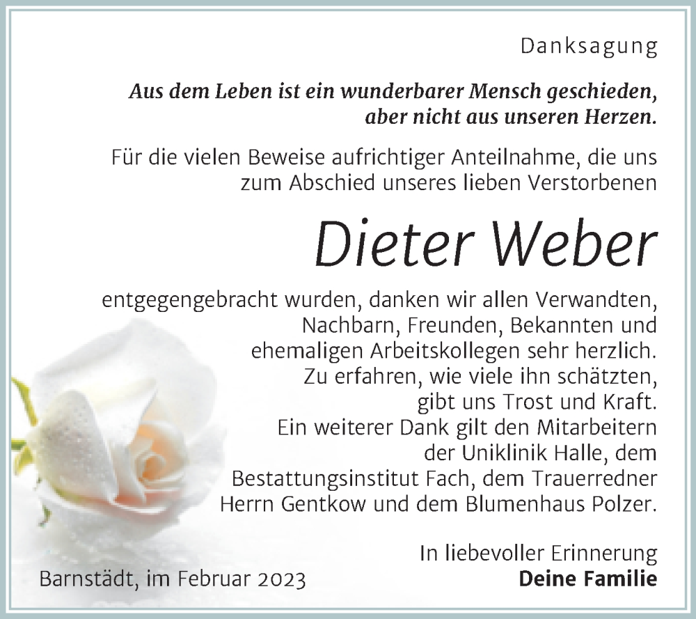  Traueranzeige für Dieter Weber vom 22.02.2023 aus Trauerkombi Merseburg