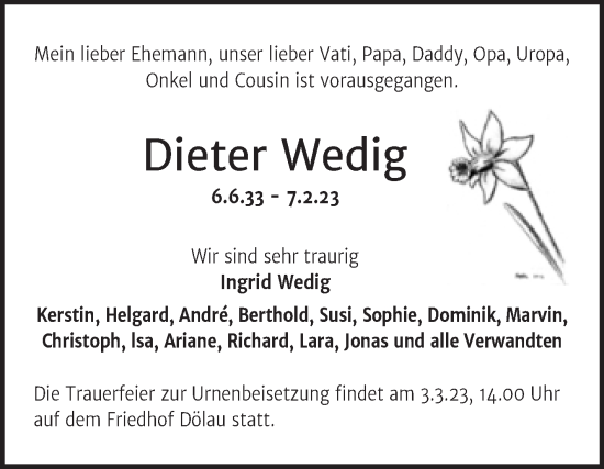 Traueranzeige von Dieter Wedig von Mitteldeutsche Zeitung Halle/Saalkreis