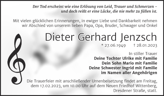Traueranzeige von Dieter Gerhard Jenzsch von Trauerkombi Wittenberg