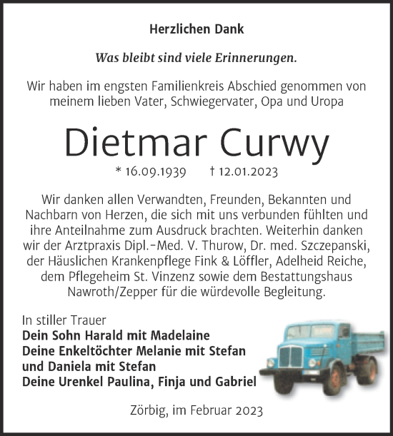 Traueranzeige von Dietmar Curwy von Trauerkombi Bitterfeld