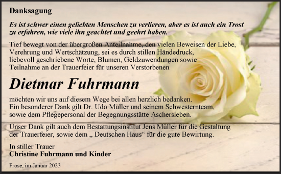 Traueranzeige von Dietmar Fuhrmann von Trauerkombi Aschersleben