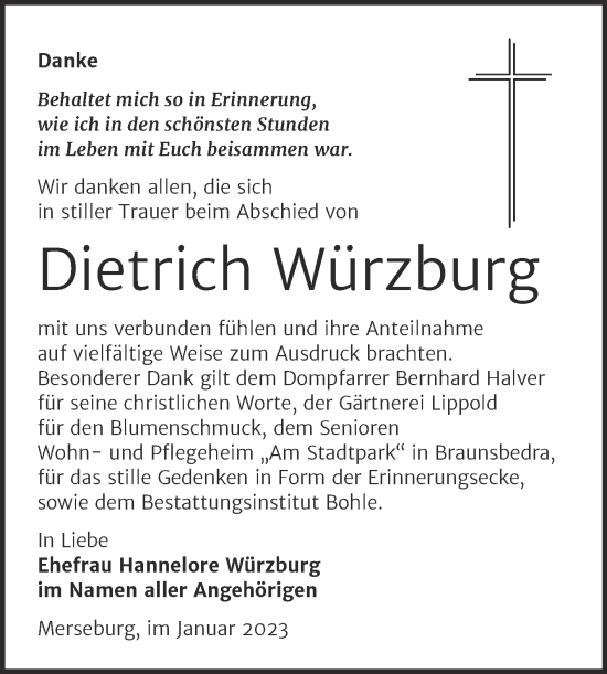 Traueranzeige von Dietrich Würzburg von Trauerkombi Merseburg