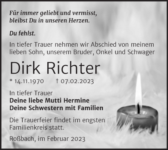 Traueranzeige von Dirk Richter von Trauerkombi Merseburg