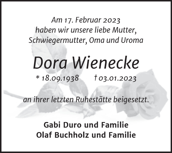 Traueranzeige von Dora Wienecke von Trauerkombi Quedlinburg