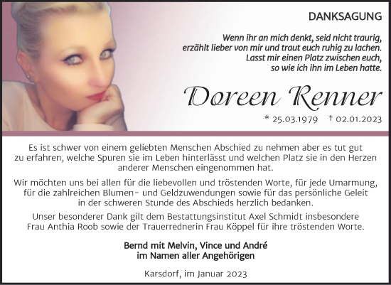 Traueranzeige von Doreen Renner von Naumburger Tageblatt