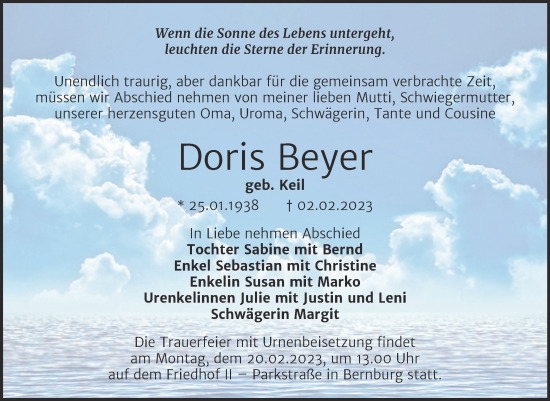 Traueranzeige von Doris Beyer von Trauerkombi Bernburg