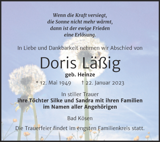 Traueranzeige von Doris Läßig von Wochenspiegel Naumburg/Nebra
