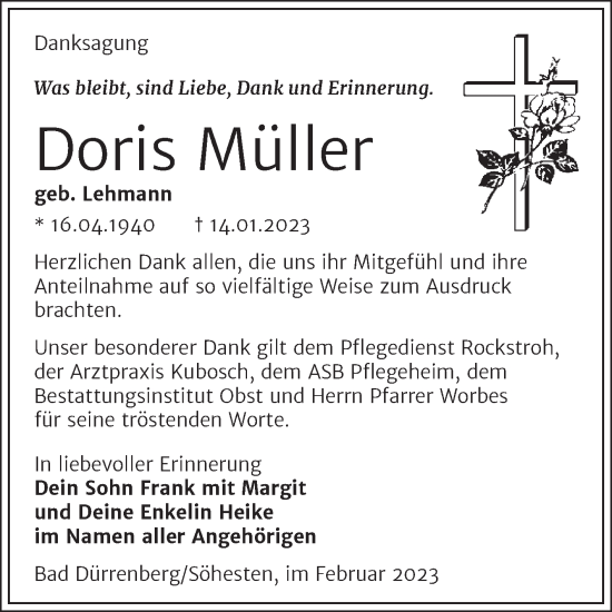 Traueranzeige von Doris Müller von Trauerkombi Merseburg