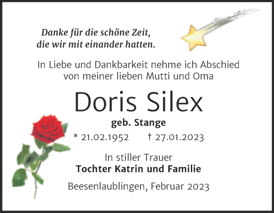 Traueranzeige von Doris Silex von Trauerkombi Bernburg