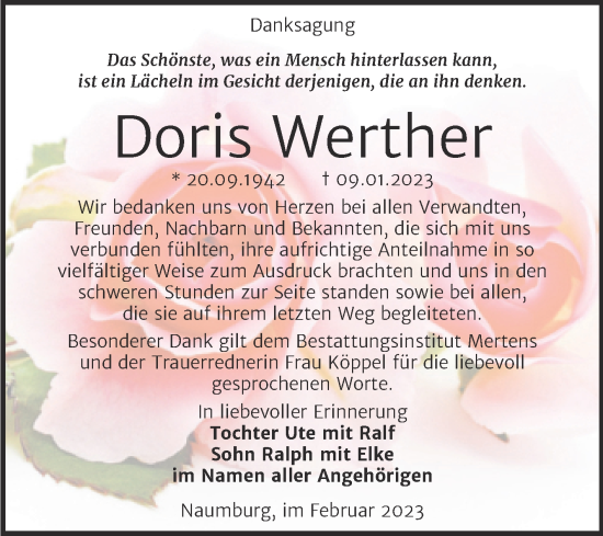 Traueranzeige von Doris Werther von Wochenspiegel Naumburg/Nebra